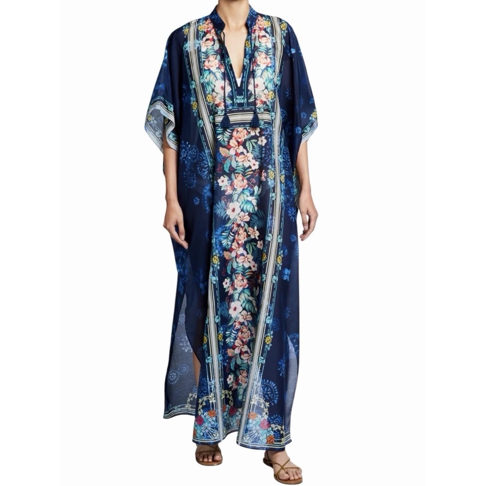 Johnny Was Annia Long Maxi Kaftan Navy Blue Floral Silk Cotton Size 1X